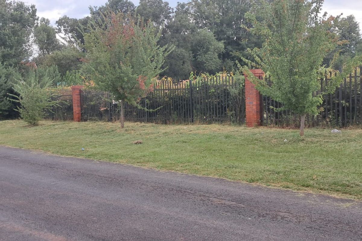 Street view of the vacant residential land featuring established trees, brick pillars, and metal palisade fencing along the boundary.