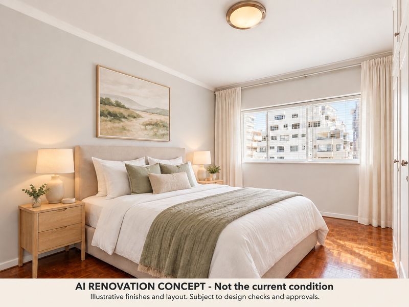 A well-lit bedroom featuring classic parquet flooring, a built-in wardrobe, and large windows providing natural light and urban views.