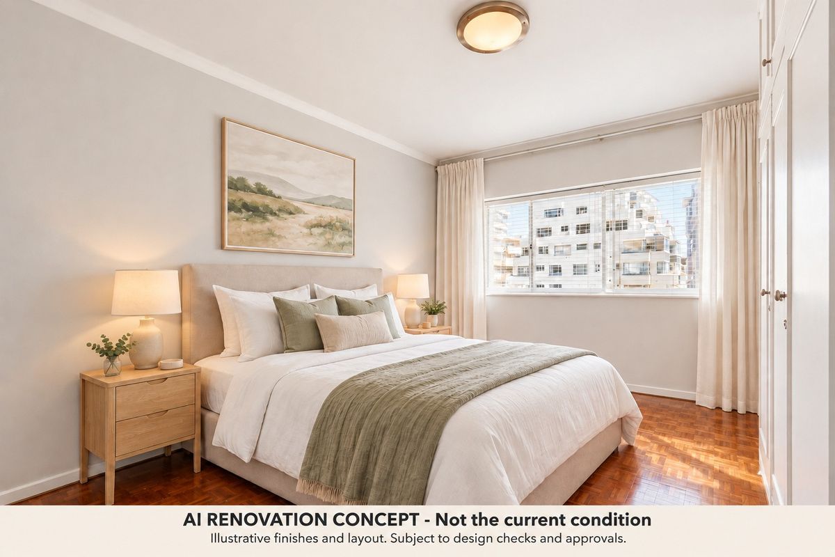 A well-lit bedroom featuring classic parquet flooring, a built-in wardrobe, and large windows providing natural light and urban views.