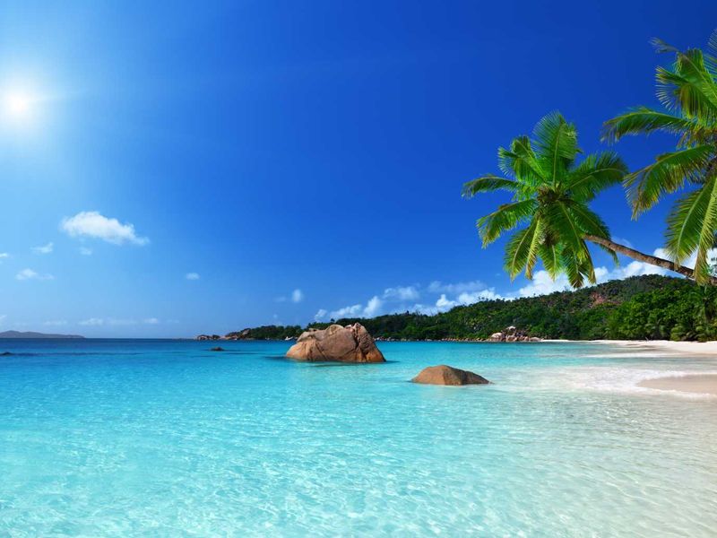 A scenic view of a pristine tropical beach with turquoise waters, white sand, and lush coastal vegetation.