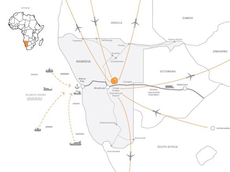 A regional map illustrating the strategic location of the property within Namibia, highlighting key transport links, airports, and maritime routes.