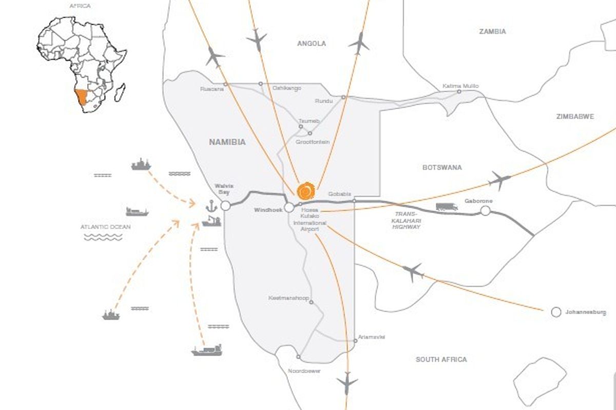 A regional map illustrating the strategic location of the property within Namibia, highlighting key transport links, airports, and maritime routes.