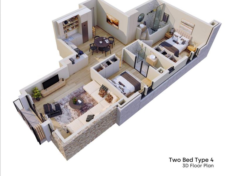 A 3D floor plan rendering of a two-bedroom apartment featuring an open-plan kitchen, living area, two bathrooms, and a balcony.
