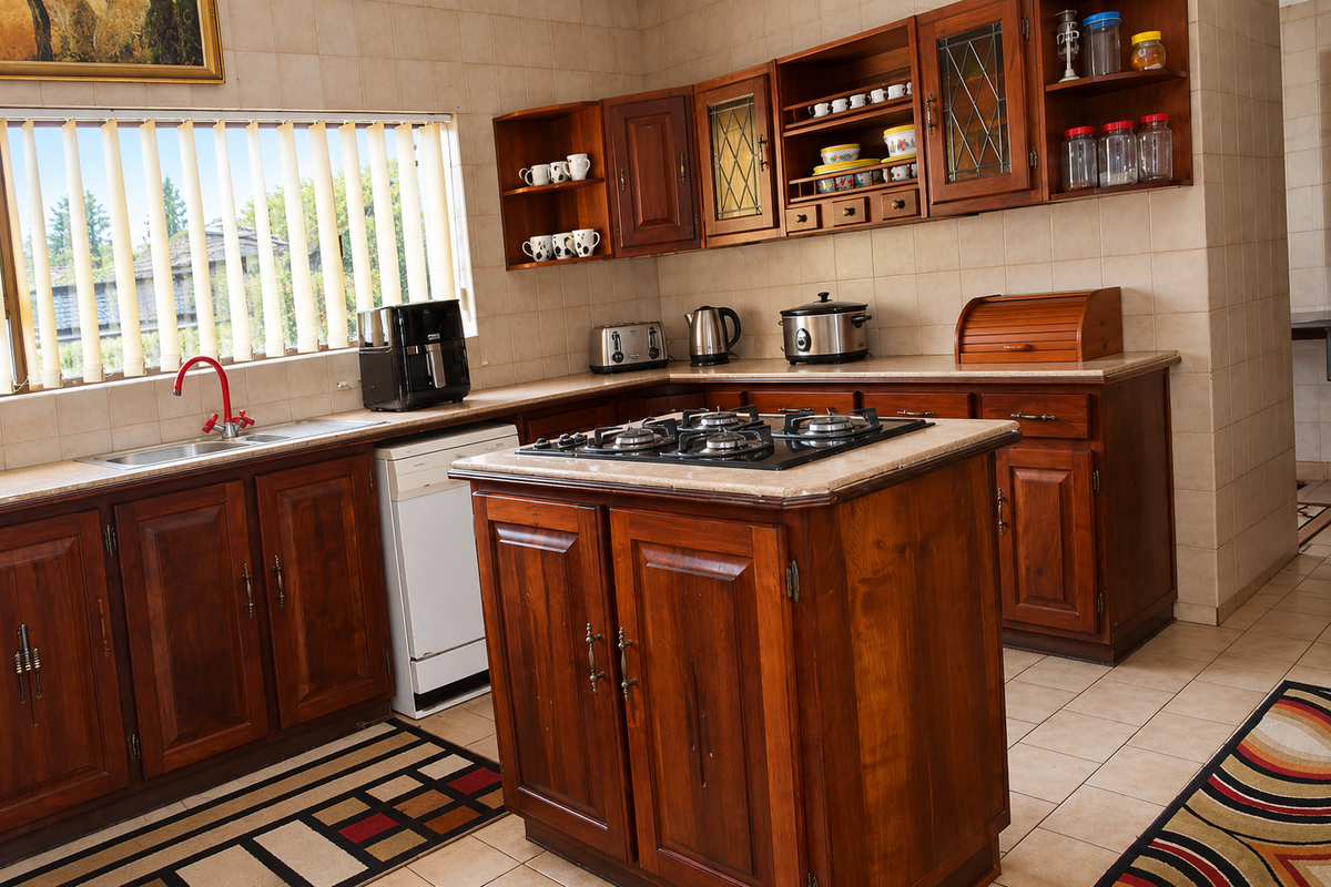 A traditional kitchen featuring warm-toned wooden cabinetry, stone countertops, a central island with a built-in gas hob, and tiled finishes throughout.