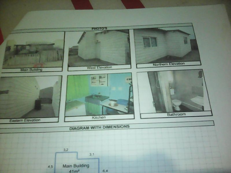 A document containing multiple exterior and interior photos of a property, including a floor plan diagram with dimensions.