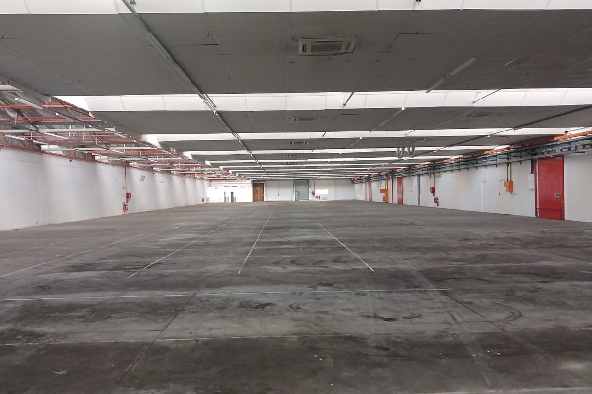 Expansive industrial warehouse space featuring high ceilings with exposed steel trusses, concrete flooring, and integrated fire safety systems.
