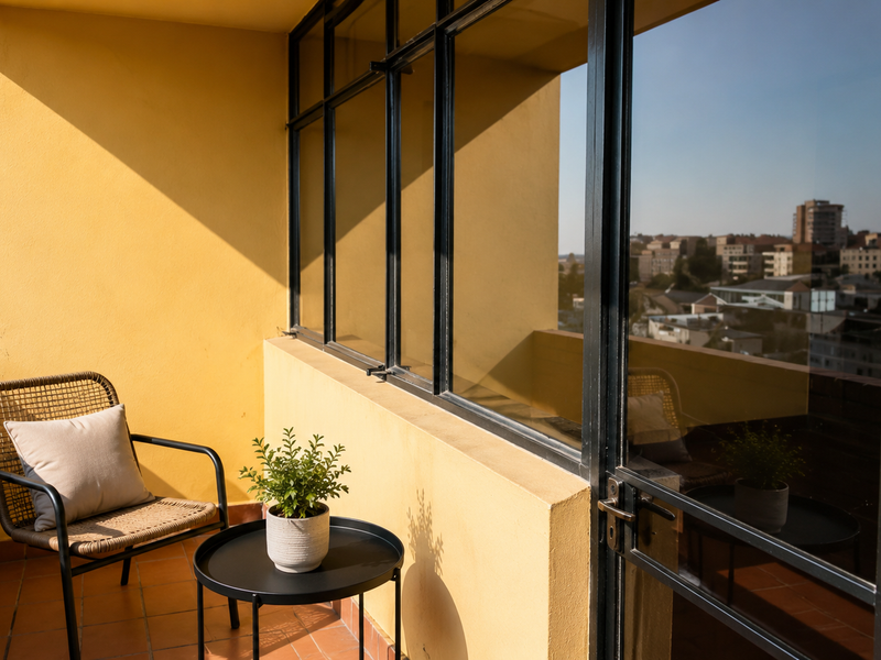 A sunny balcony featuring terracotta tiling, black metal-framed windows, and a view of the surrounding urban landscape.