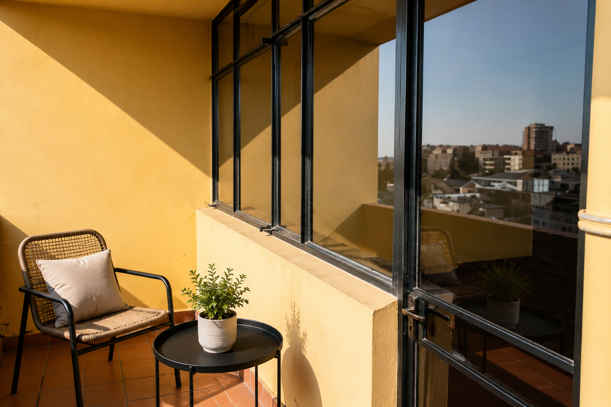 A sunny balcony featuring terracotta tiling, black metal-framed windows, and a view of the surrounding urban landscape.