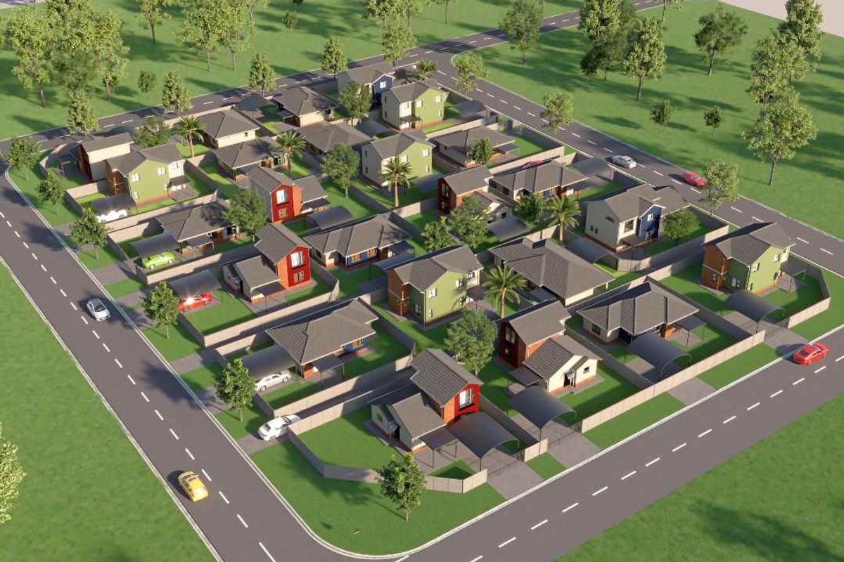 An aerial 3D render of a residential housing development featuring multiple detached homes with private yards, driveways, and surrounding landscaped green spaces.