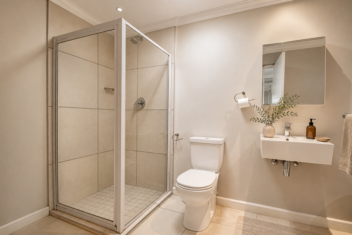 A modern, well-maintained bathroom featuring a glass-enclosed shower, wall-mounted basin, and toilet with neutral floor and wall tiling.