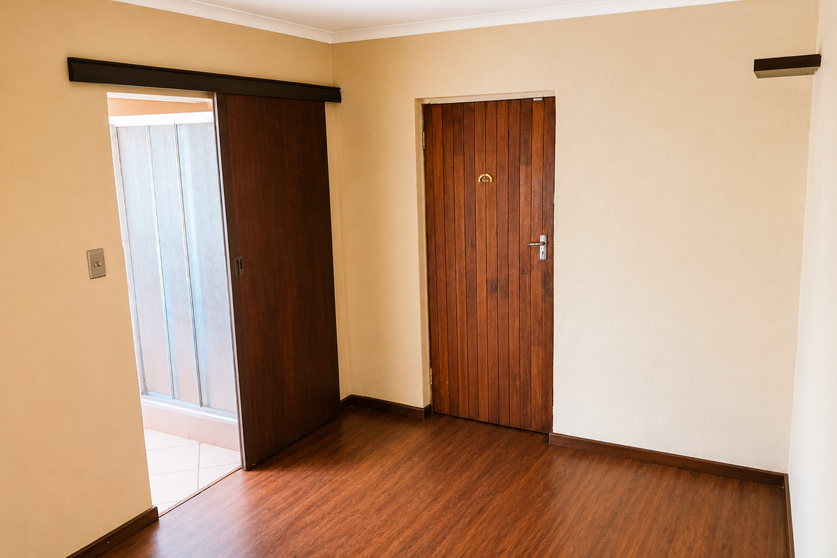 A bedroom interior featuring wood-look laminate flooring, a sliding wooden door leading to an en-suite, and a solid timber entrance door.
