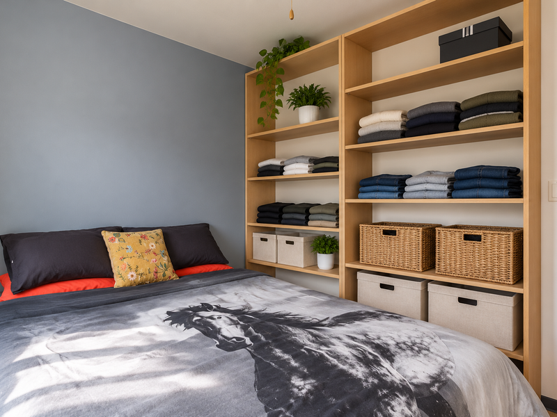 A cozy bedroom featuring a large, light-wood built-in shelving unit providing ample storage space alongside a comfortable sleeping area.