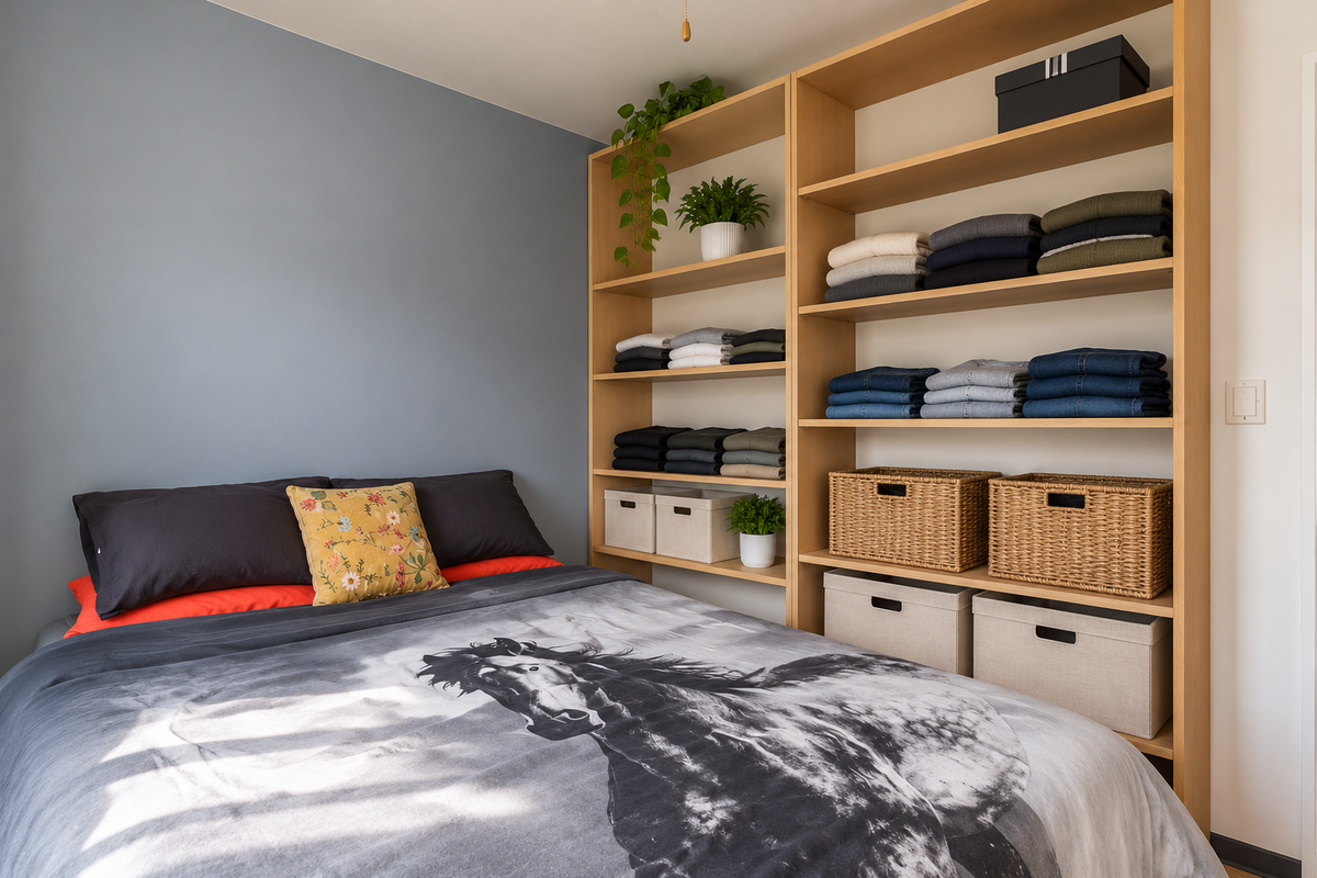A cozy bedroom featuring a large, light-wood built-in shelving unit providing ample storage space alongside a comfortable sleeping area.