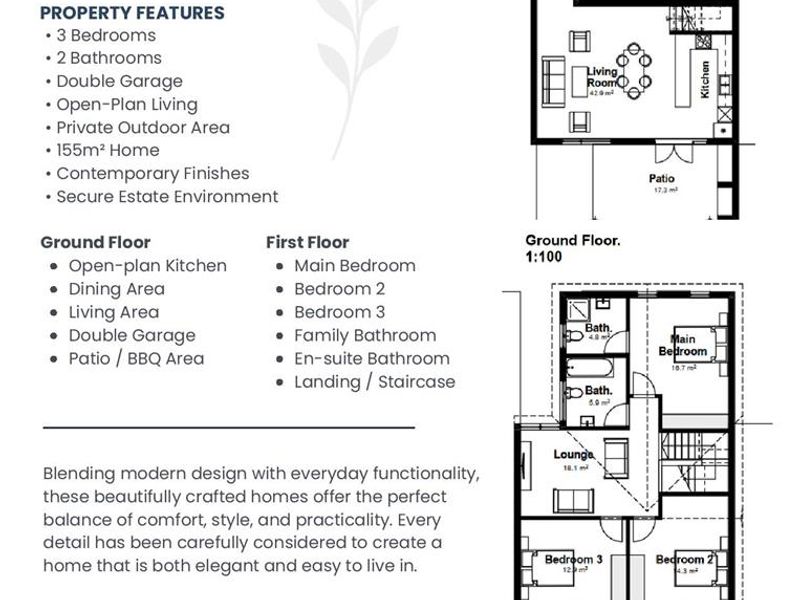 A detailed architectural floor plan for a three-bedroom townhouse, showcasing the layout of the ground and first floors, including garage and patio areas.