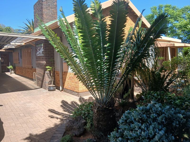 A rear exterior view of the house featuring a paved patio area, brick chimney, and established garden landscaping.