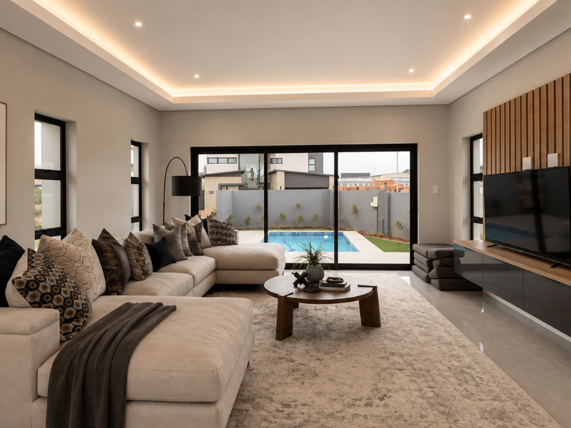 Modern living room featuring a timber slat feature wall, recessed cove lighting, and large sliding glass doors opening to a pool area.