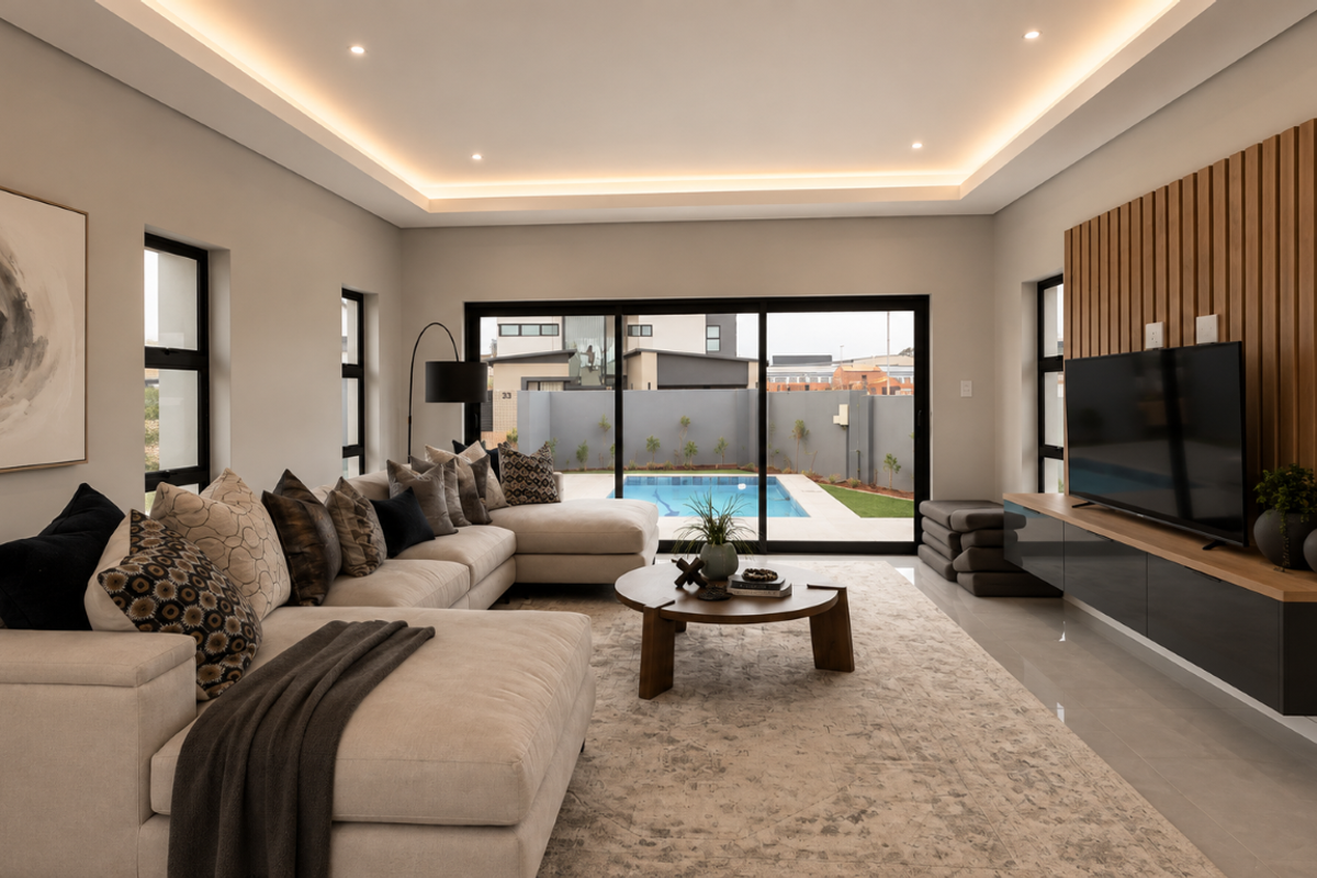 Modern living room featuring a timber slat feature wall, recessed cove lighting, and large sliding glass doors opening to a pool area.