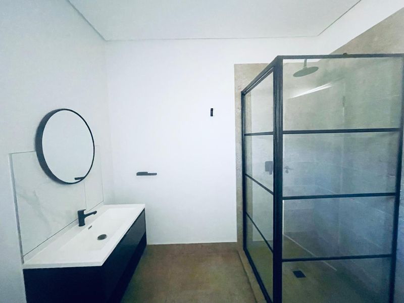 Modern bathroom featuring a sleek vanity with basin, black fixtures, and a spacious walk-in shower with a black-framed glass enclosure.