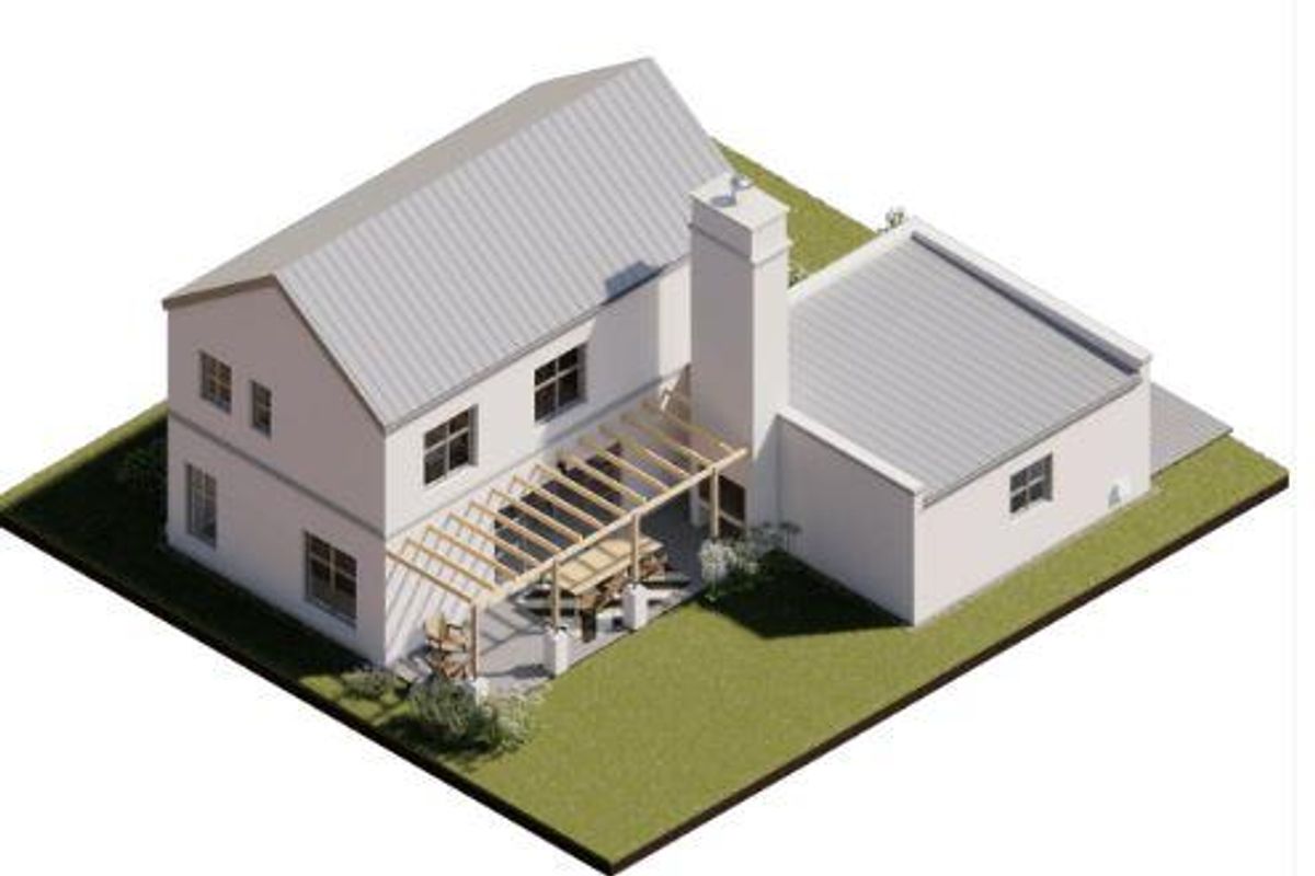 A 3D architectural render showing the rear exterior of a two-story house with a pergola-covered patio and landscaped garden area.