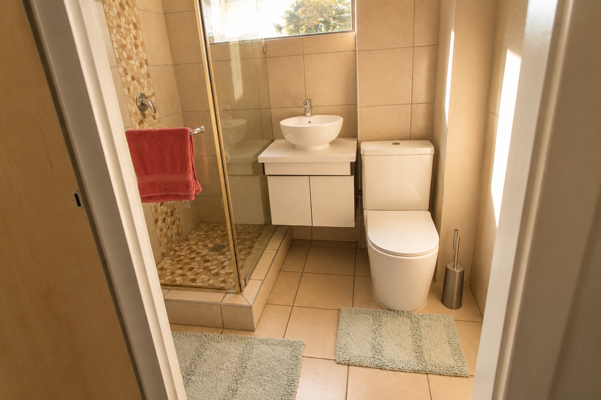 A compact, modern bathroom featuring a glass-enclosed shower with pebble tile flooring, a vessel sink on a floating vanity, and a standard toilet.