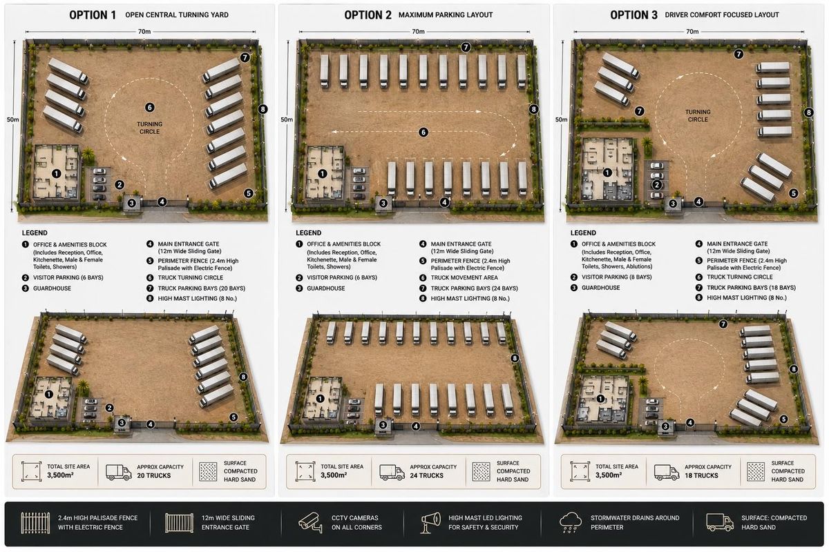 A site development plan for a 3,500m² commercial property featuring three layout options for truck parking, office facilities, and security infrastructure.