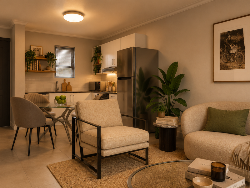 A well-appointed open-plan living and kitchen area featuring modern cabinetry, tiled flooring, and a functional layout suitable for contemporary apartment living.