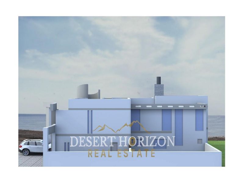 A 3D architectural rendering of a modern residential property facade featuring a chimney, set against a coastal backdrop.
