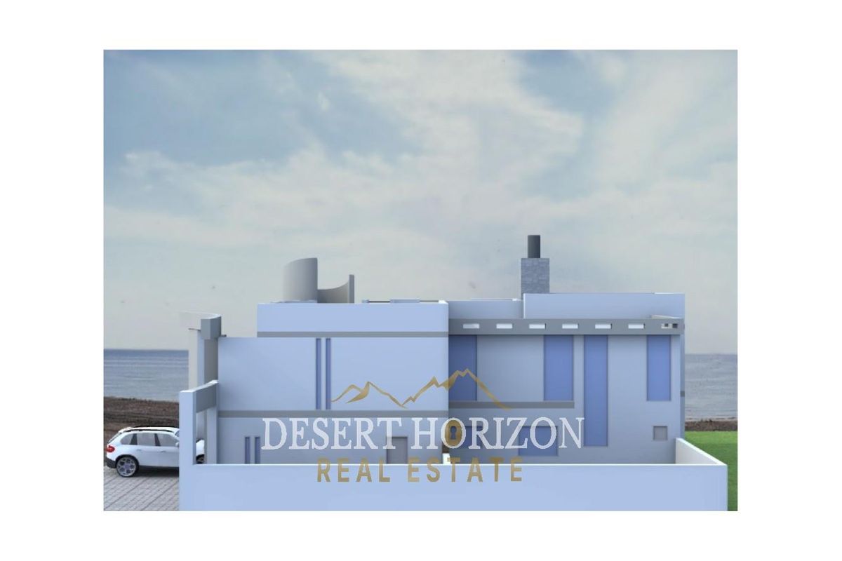 A 3D architectural rendering of a modern residential property facade featuring a chimney, set against a coastal backdrop.