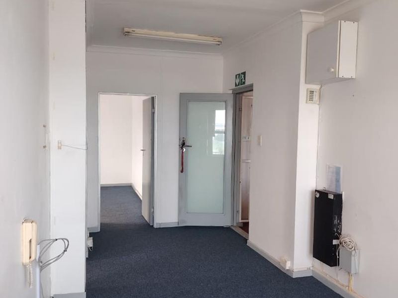 A vacant commercial hallway featuring blue carpeting, fluorescent lighting, and multiple access doors, suitable for office or business use.