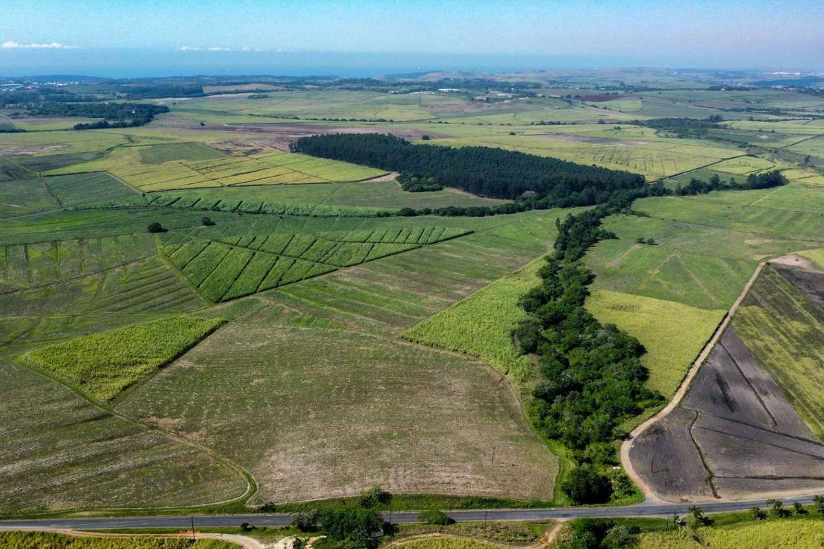 An expansive aerial view of the farm property featuring large agricultural fields, natural vegetation, and direct access to a public road.