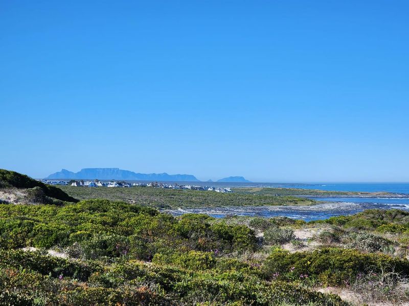 A scenic coastal view featuring natural vegetation, rocky shoreline, and distant mountain ranges under a clear blue sky.