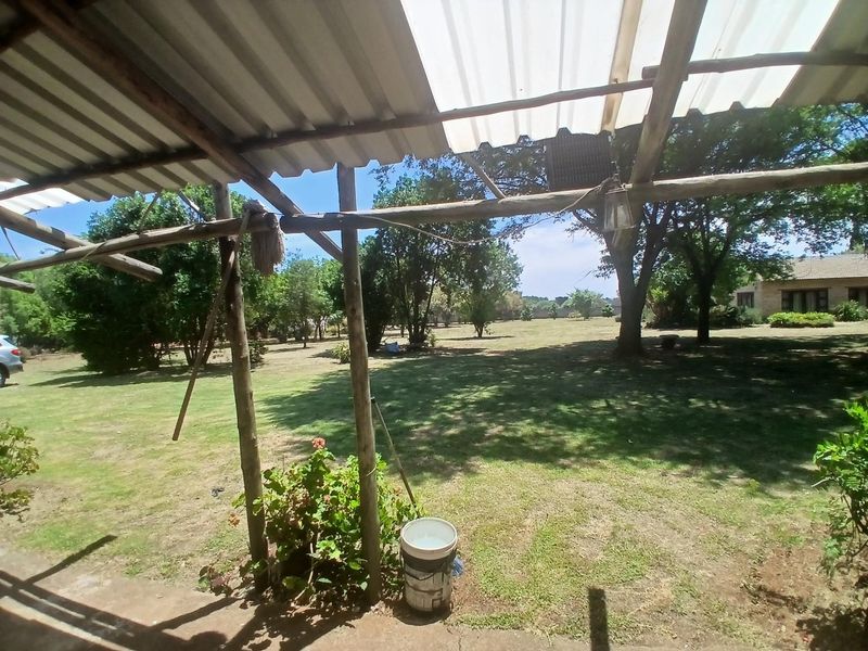 A rustic outdoor patio area featuring a corrugated roof supported by timber posts, overlooking a spacious garden.