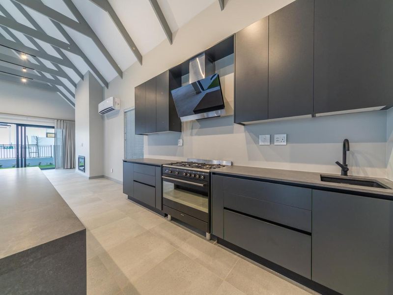 Modern open-plan kitchen and living area featuring vaulted ceilings with exposed rafters, sleek dark cabinetry, stone countertops, and a built-in fireplace.
