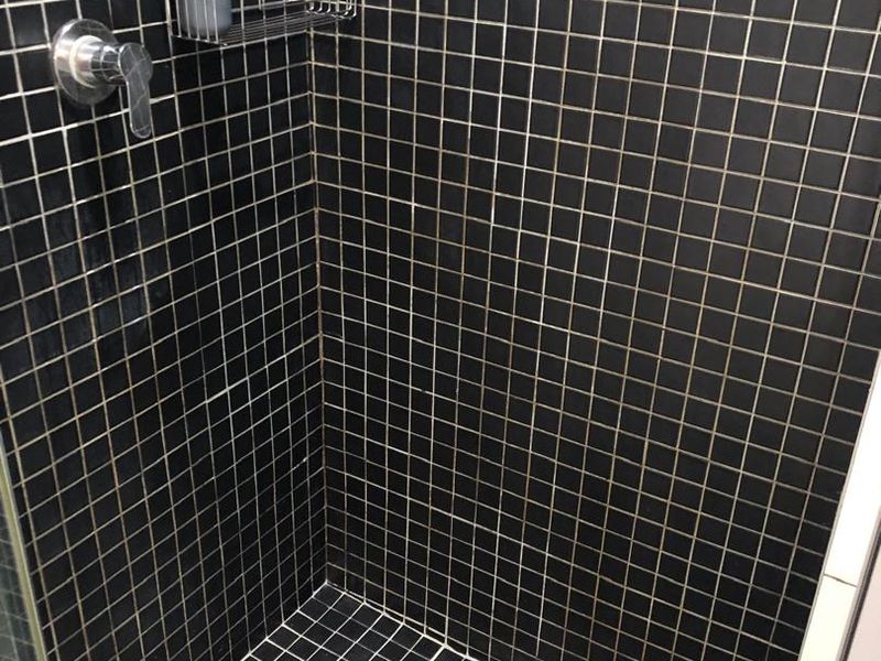 A shower enclosure featuring black mosaic wall and floor tiles, a chrome shower mixer, and a glass screen.