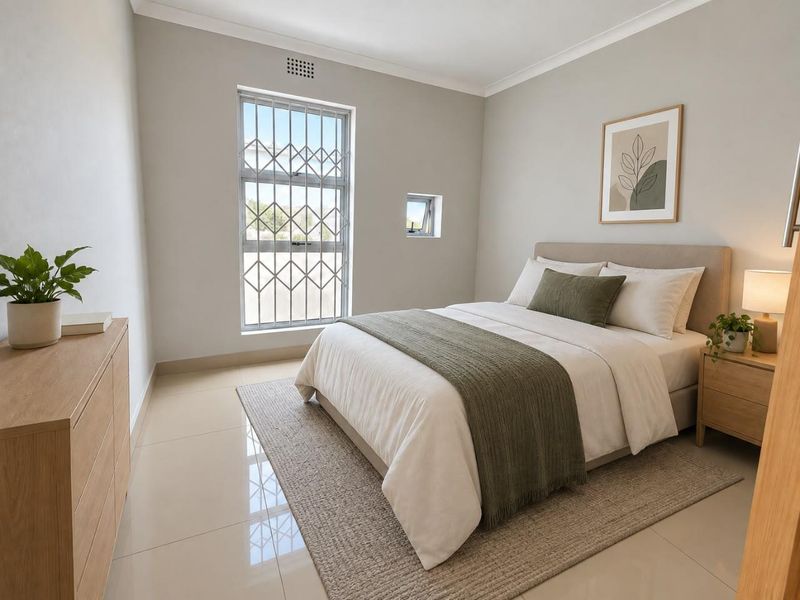 A well-maintained bedroom featuring neutral walls, tiled flooring, and a secure window with fitted security bars.