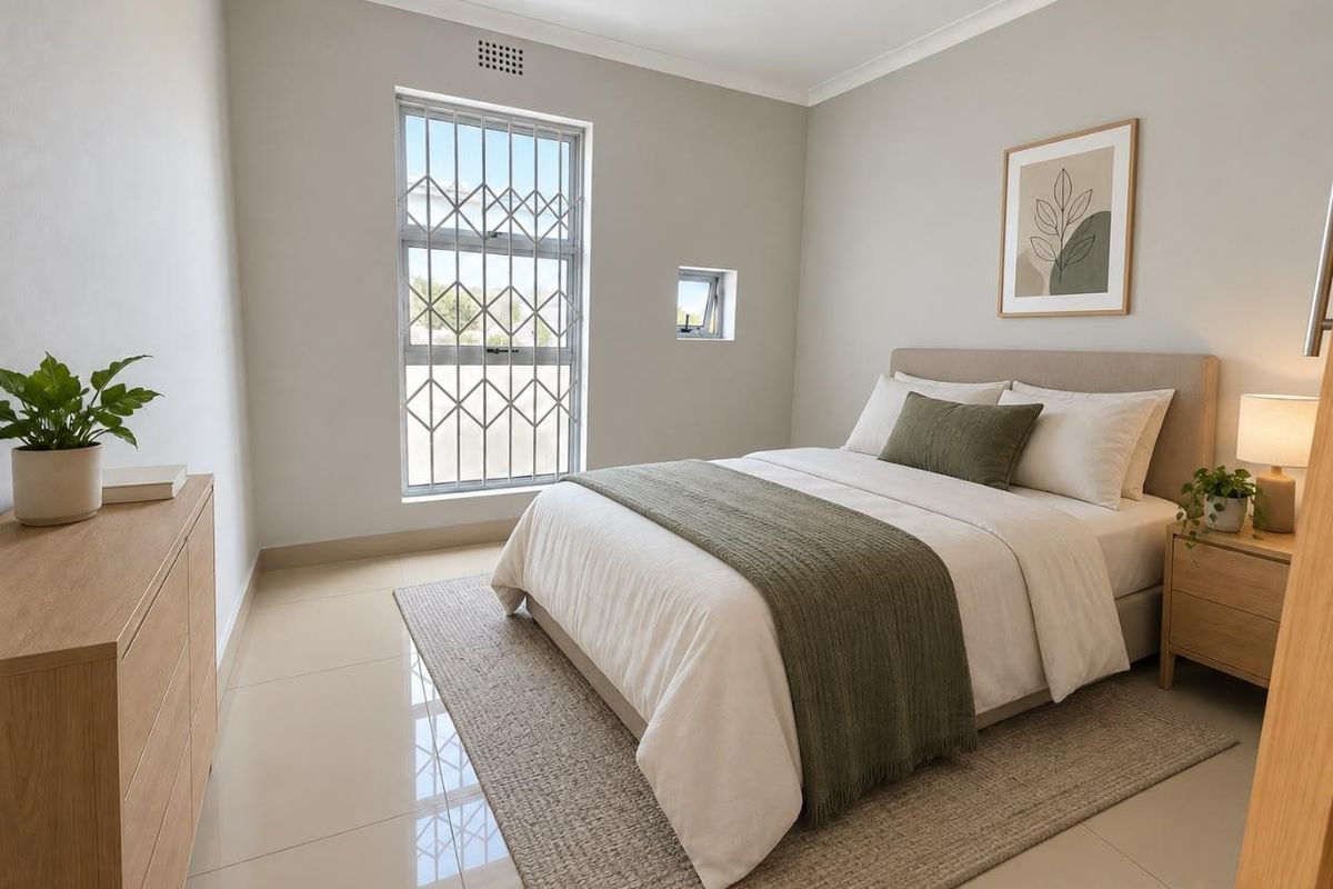 A well-maintained bedroom featuring neutral walls, tiled flooring, and a secure window with fitted security bars.