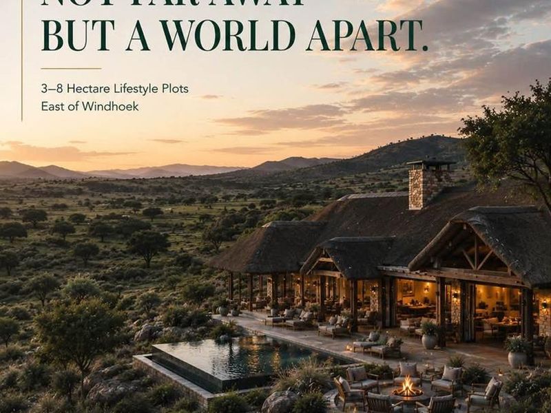 Aerial view of a luxury residence featuring a thatched roof, infinity pool, and stone patio overlooking a vast landscape.