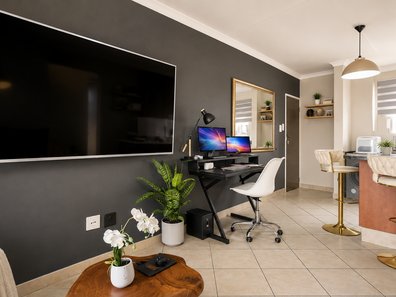 Modern open-plan living area featuring tiled flooring, a kitchen island with breakfast bar seating, and a wall-mounted television.