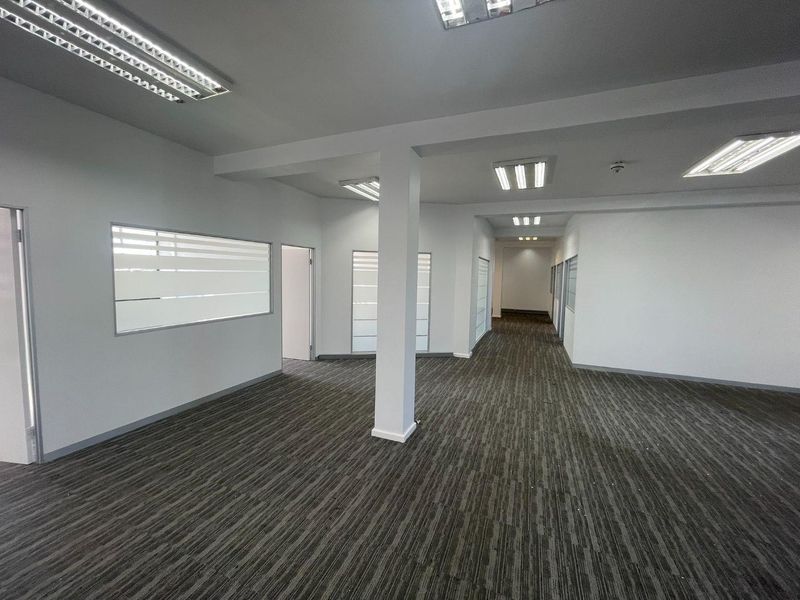 A spacious, vacant open-plan office area featuring neutral carpet flooring, modern fluorescent lighting, and frosted glass partitions for a professional workspace environment.