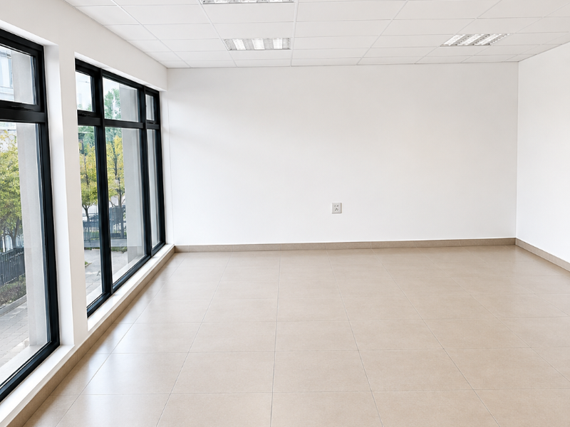 A bright, empty office space featuring large windows, neutral tiled flooring, and a clean suspended ceiling with recessed lighting.