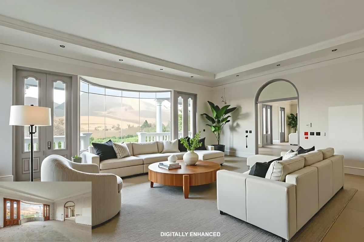 Spacious living room featuring large curved windows with scenic views, recessed ceiling lighting, and elegant arched doorways leading to adjacent living areas.