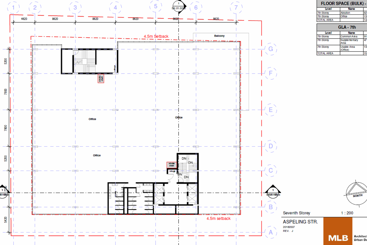 Architectural floor plan for the seventh storey of the office building, detailing office space, ablution facilities, stairwells, and balcony layout.