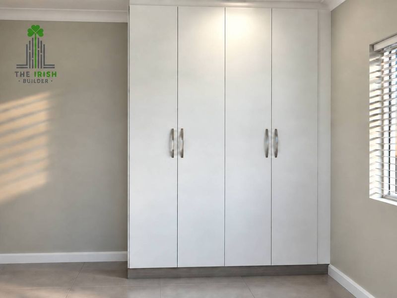 A bright, modern bedroom featuring a large white built-in wardrobe, neutral wall tones, tiled flooring, and a window fitted with venetian blinds.