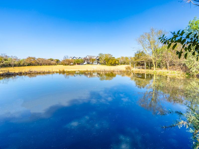 A scenic view of a tranquil pond set within a spacious, well-maintained residential garden with mature trees and a pergola.