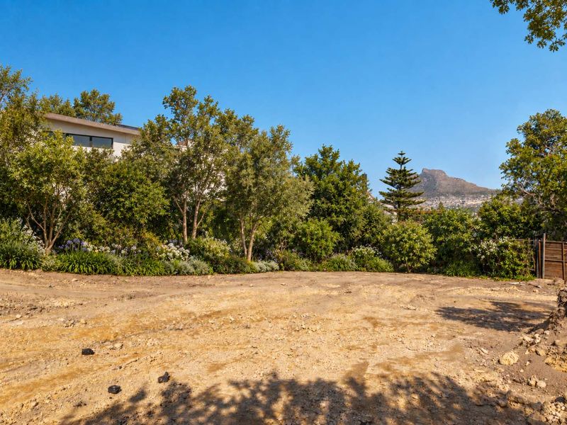 A vacant residential plot featuring established trees, landscaped garden borders, and scenic mountain views in the background.