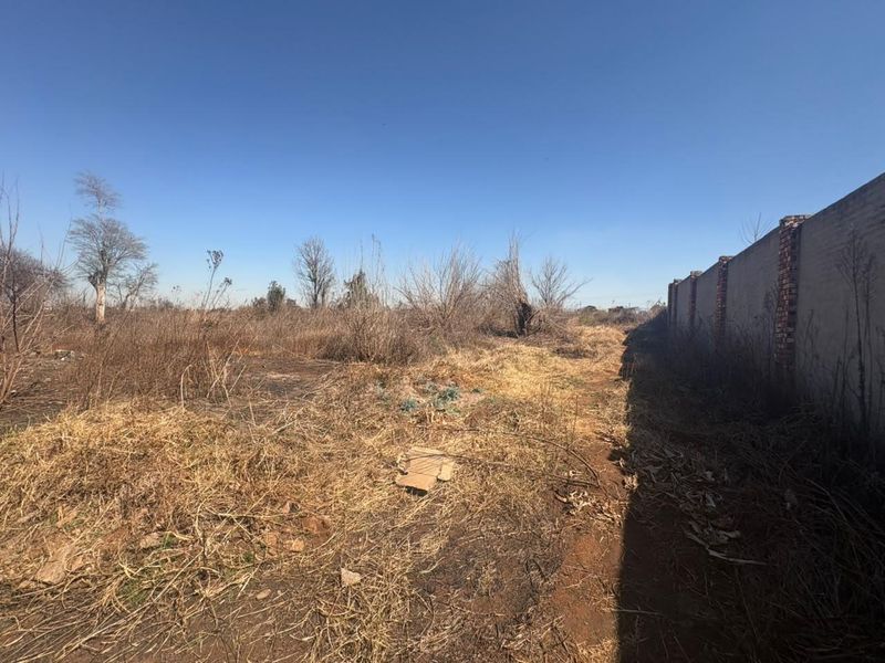 A view of a vacant residential plot featuring dry, overgrown vegetation and a long brick boundary wall along the side.