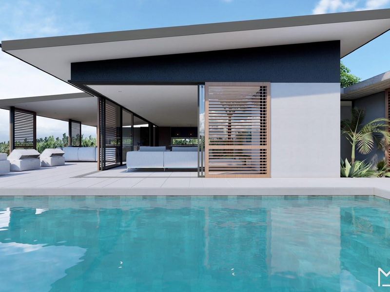 Modern architectural design featuring a swimming pool, expansive tiled patio, and seamless indoor-outdoor flow through large sliding glass doors.