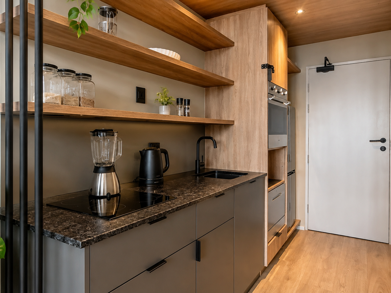 Modern compact kitchen featuring sleek grey cabinetry, stone countertops, integrated oven, induction hob, and stylish open timber shelving with a warm wood ceiling.