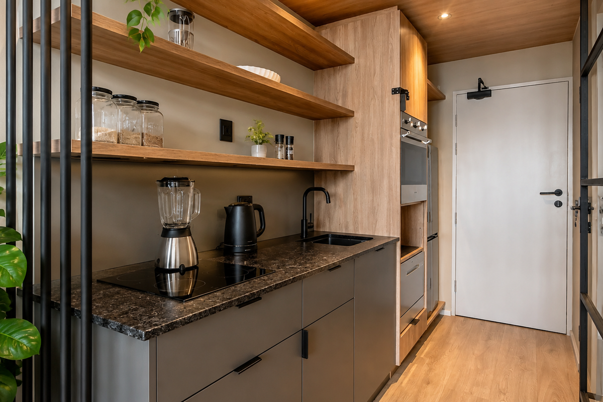 Modern compact kitchen featuring sleek grey cabinetry, stone countertops, integrated oven, induction hob, and stylish open timber shelving with a warm wood ceiling.