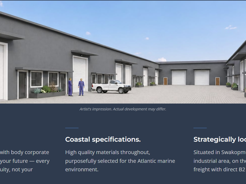 A professional architectural rendering of a modern industrial complex featuring multiple units with roller shutter doors and a paved central courtyard.